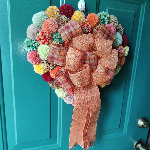 Handmade Boho Fall Colors Heart Pom Pom Door / Wall Wreath - Picture 5 of 6